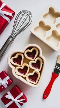 Heart-shaped jam cookies with baking tools and gifts
