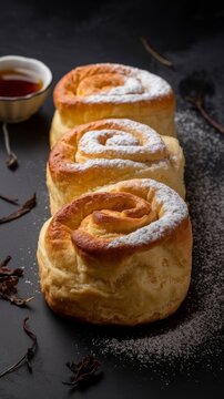 Three golden biscuit rolls with powdered sugar and tea