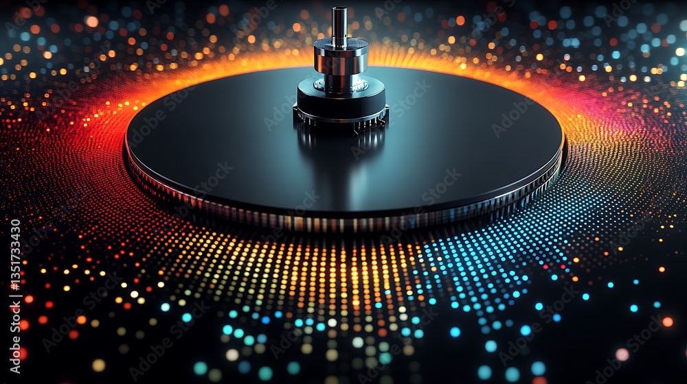 Aufkleber metallic device with technological patterns and illuminated circular particles