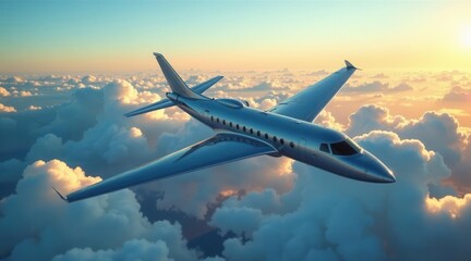 A sleek silver private jet gracefully soars above a breathtaking expanse of fluffy clouds during a vibrant sunrise
