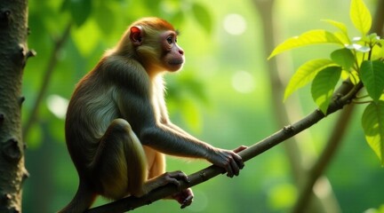 Fototapeta premium A Young Primate Perched on a Branch, Observing its Lush Green Surroundings