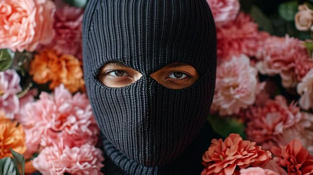 Person wearing knit balaclava with flowers on background