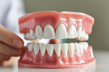 Obraz premium Dentist demonstrates oral health education using a tooth model to explain dental care techniques in a clinic