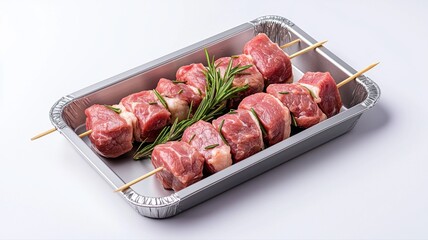 Fresh raw meat skewers with rosemary in a tray, ready for grilling, on white background.