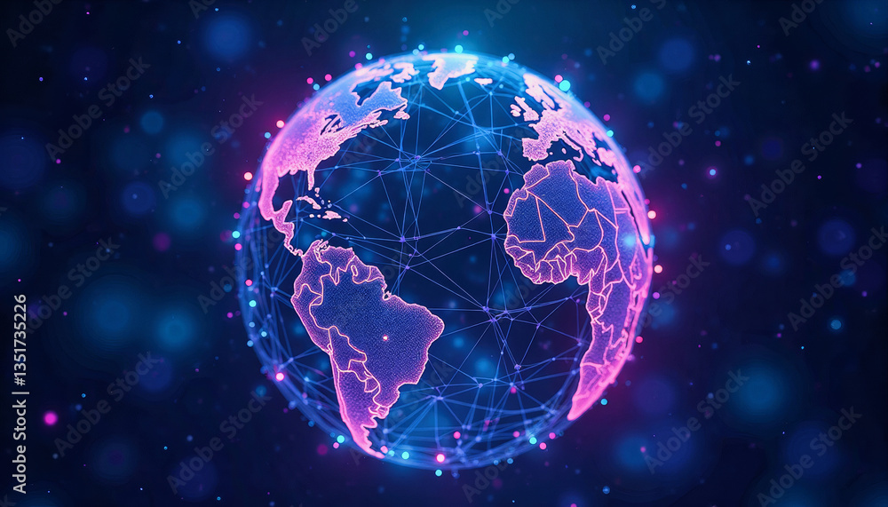 Poster a glowing, interconnected globe pulses with vibrant blue and pink light, symbolizing global networki