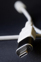 A close-up of a USB Type-C connector on a compact OTG adapter with a cable. Perfect for...
