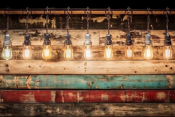 Naklejka premium Several decorative lights hanging in front of a wooden background