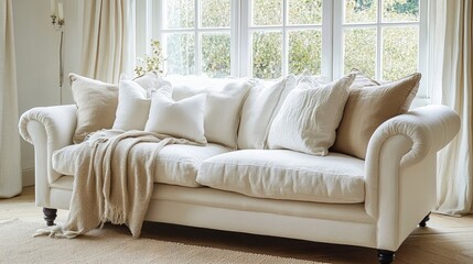 Fototapeta premium White sofa with cushions and a cream blanket near a window, offering a soft and tranquil living room atmosphere
