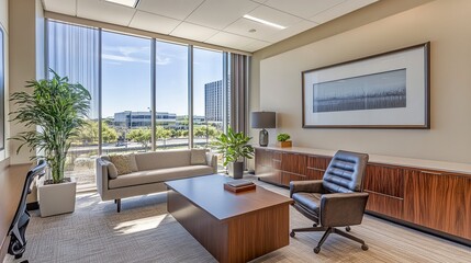 Fototapeta premium Sleek and bright office space featuring modern furniture neutral tones natural light streaming through large windows creating a productive and welcoming environment. 