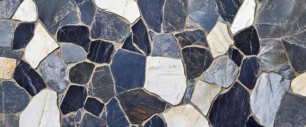 Poster irregularly shaped grey, white, and black stone pieces form a mosaic pattern, creating a textured su