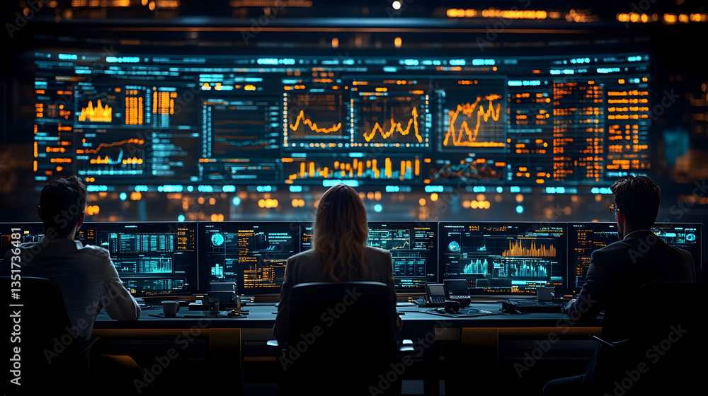 Poster team of analysts monitoring complex data dashboards and financial charts on large digital screens in