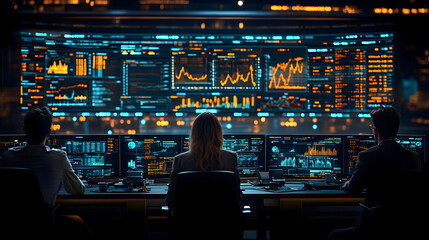 Team of analysts monitoring complex data dashboards and financial charts on large digital screens in modern control center environment