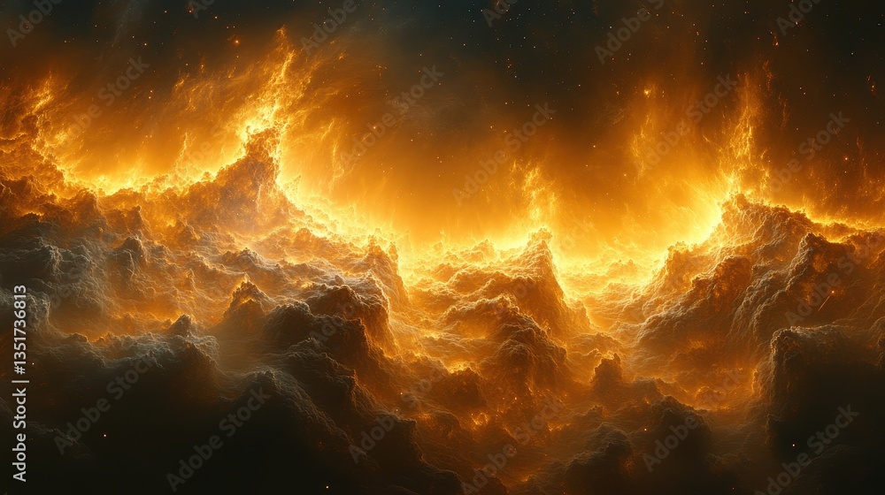 Poster glowing celestial clouds illuminate the vast and dark atmospheric expanse