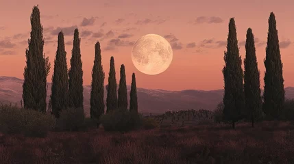 Papier peint photo intissé Cypress Trees Silhouetted at Twilight, with Large Full Moon, Tranquil Landscape