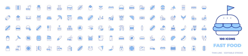 100 Fast food Icons Collection. Line Duotone style, editable stroke. hot dog, burger, sausage, taco, corn dog, bread, popcorn, kebab, chicken bucket, corndog, chips, pizza