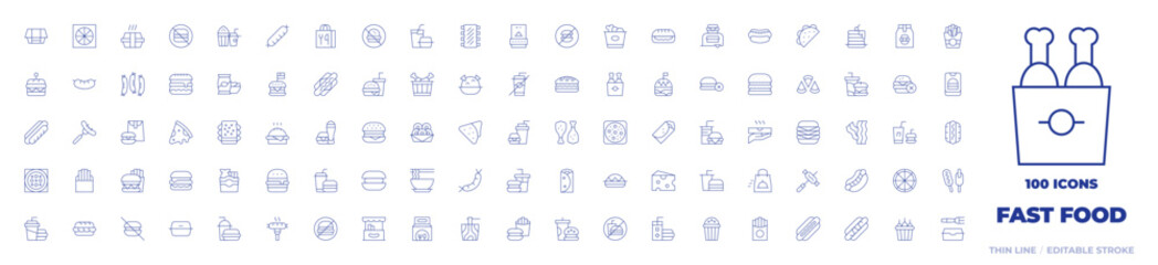 100 Fast food Icons Collection. Thin line icon. Editable stroke. burger, menu, fried chicken, taco, hamburger, chips, chicken bucket, manchego, popcorn, hotdog, ribs