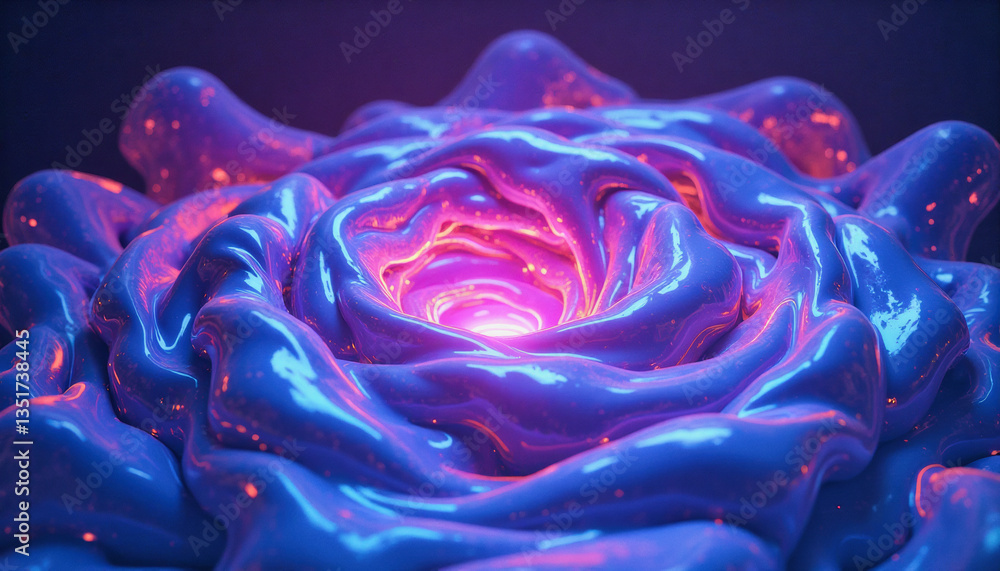 Poster luminescent, swirling forms coalesce into a mesmerizing, abstract bloom with a glowing core. graphic