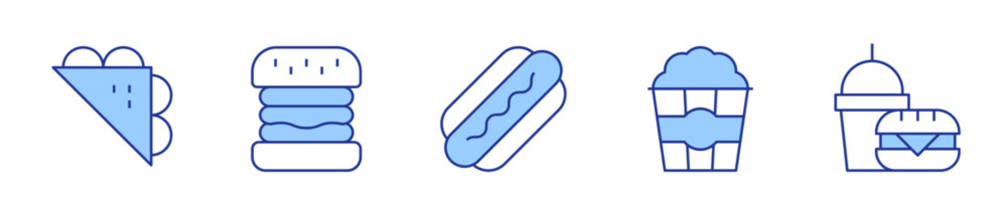 bread, popcorn, hamburger, food, hot dog. Fast food Icon vector illustration. Line Duotone style. Editable stroke