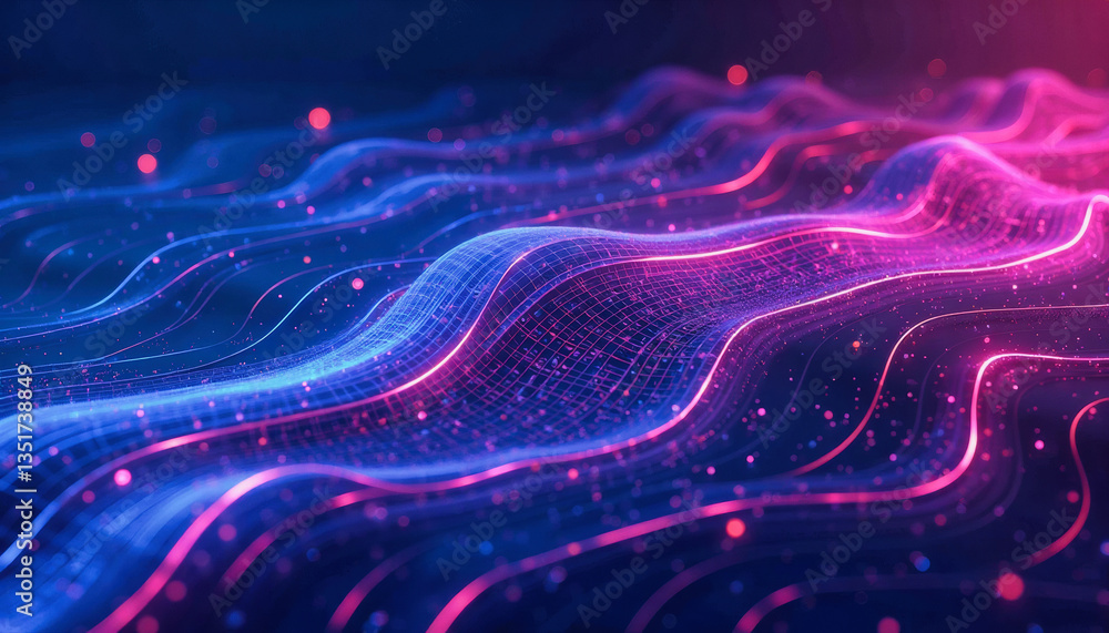 Poster flowing neon lines weave a vibrant, abstract pattern across a dark, futuristic backdrop. graphical r