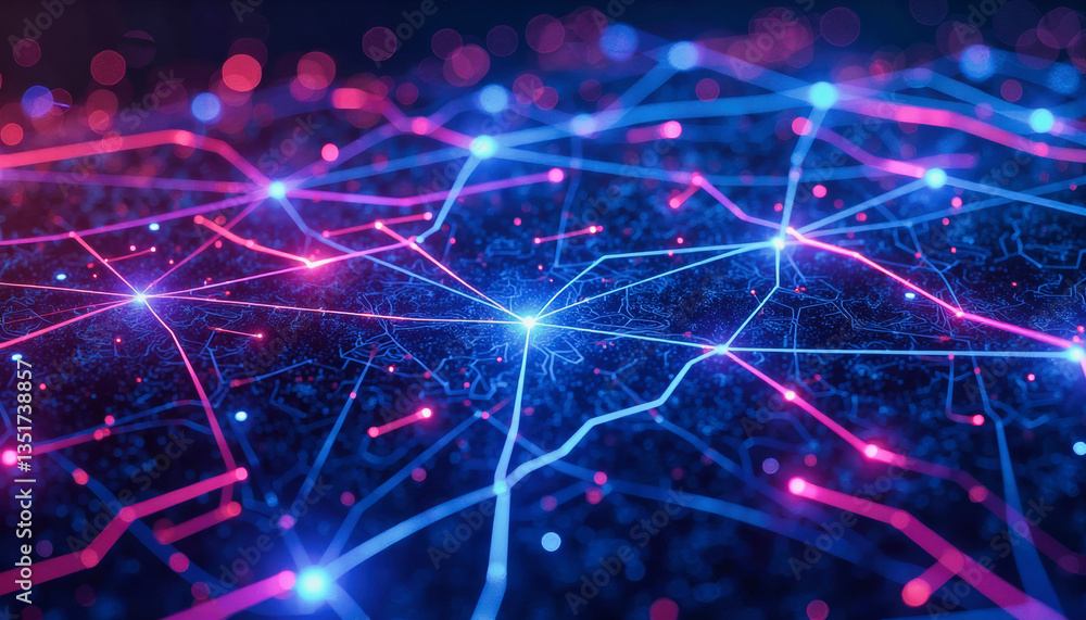 Poster glowing nodes and interconnected lines form a vibrant, futuristic network against a dark background.
