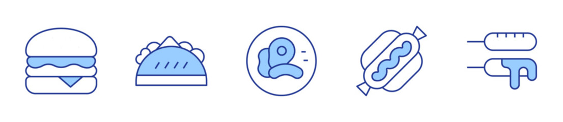 corn dog, taco, fast food, hot dog, burger. Fast food Icon vector illustration. Line Duotone style. Editable stroke