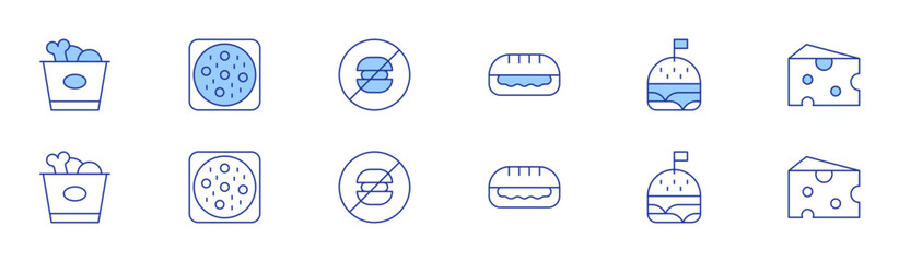 Fast food icon set in two styles, Duotone and Thin Line style. Editable stroke. fried chicken, pizza, sandwich, burger, cheese, no fast food