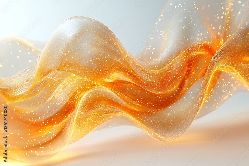 Poster a radiant golden thread floating dynamically in white open space.