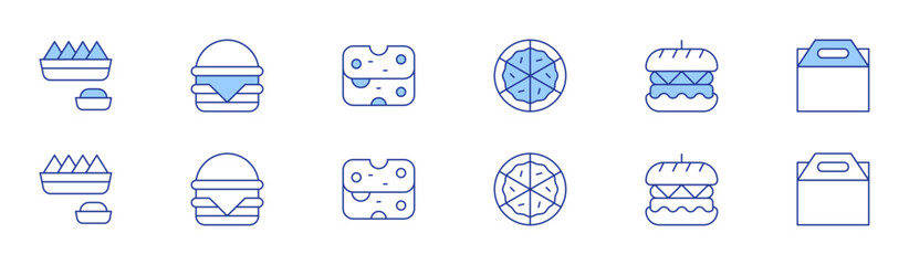 Fast food icon set in two styles, Duotone and Thin Line style. Editable stroke. nachos, hamburguer, cheese, pizza, burger, take out
