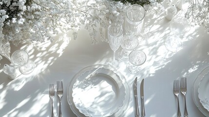 Sophisticated winter wedding table crisp white tablecloth silver cutlery delicate crystal glasses mini wreaths as decor minimalist and inviting design.  