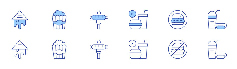 Fast food icon set in two styles, Duotone and Thin Line style. Editable stroke. sandwich, popcorn, sausage, no junk food, no fast food, fast food
