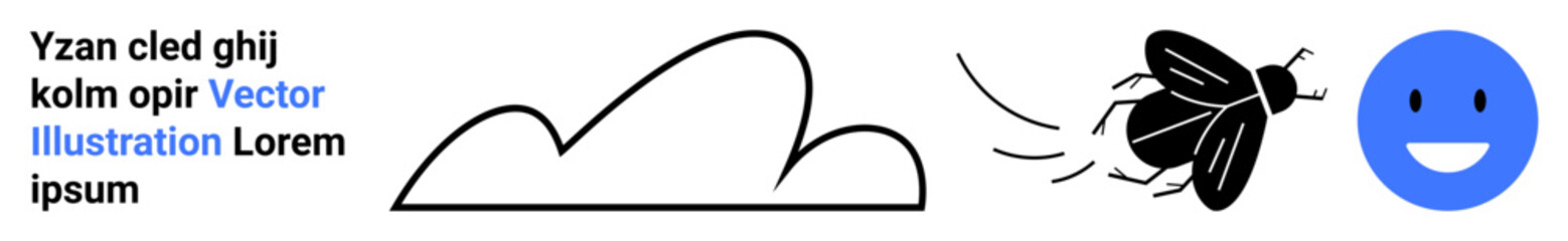 Black flying bug in motion near abstract cloud and smiling blue face. Ideal for nature, simplicity, communication, mood, creativity, education, simple landing page