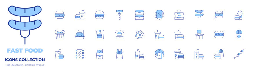 Fast food icons collection. Line Duotone style, editable stroke. menu, hamburger, sandwich, sausage, french fries, ribs, fritter, fries, hot dog, pizza, satay, donut