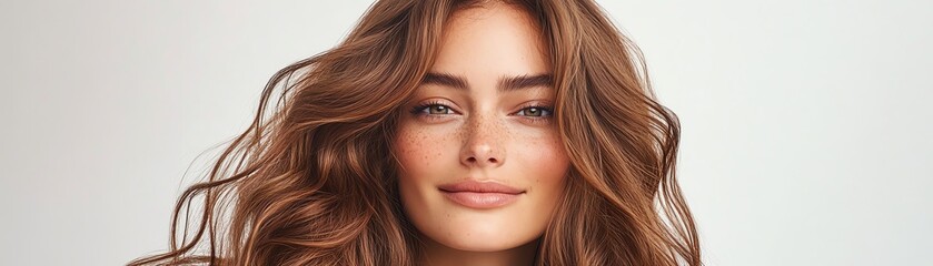 Obraz premium A lacefront wig styled in loose waves, chestnut brown, glowing gently against a minimal background