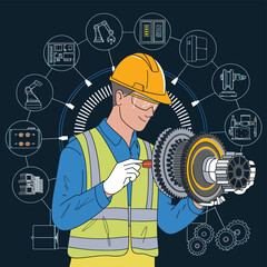 2d vector illustration colorful machine , worker and Industry and its development technology, factories and production lines icon
