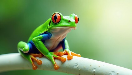 Naklejka premium Green tree frog perched on white, vibrant colors, stock photo, nature