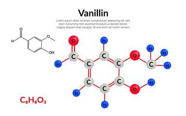 Vanillin flavor compound, molecular structure formula, ball-and-stick model, suitable for education or chemistry science content. Vector illustration