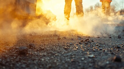 Steam rises from hot asphalt as workers in vests labor under the sun, gravel scattered around, captured in soft focus from a ground-level perspective.  