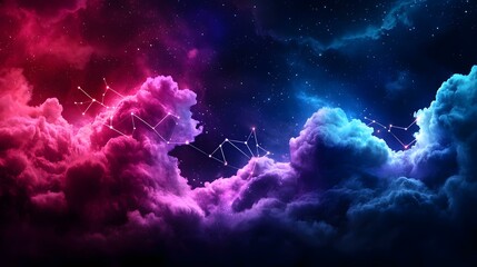 A vibrant digital artwork depicts a celestial scene with two contrasting cloudscapes, one in shades of pink and purple, the other in blue and indigo, connected by luminous constellations amidst a sta
