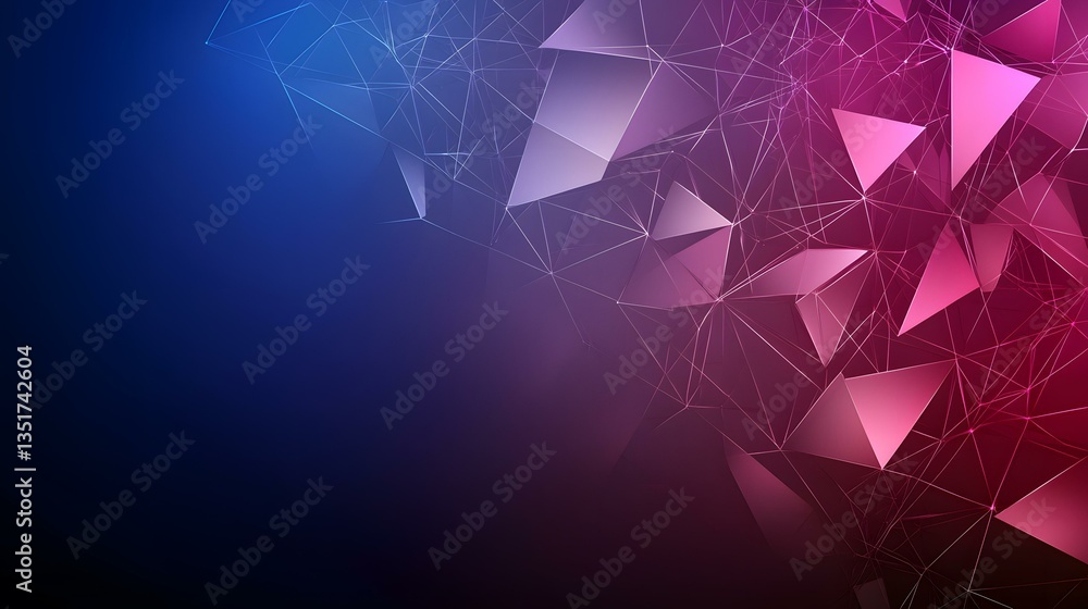Poster an abstract image featuring a network of interconnected, luminous triangles in shades of pink and pu