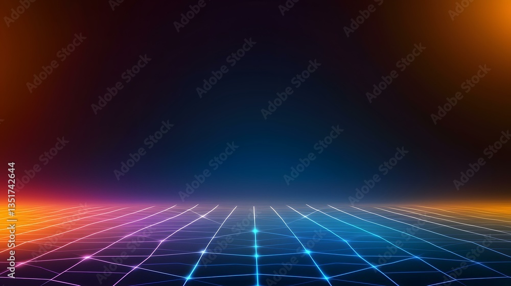 Poster the image contains a grid-like pattern of glowing lines in shades of blue, purple, and orange, set a