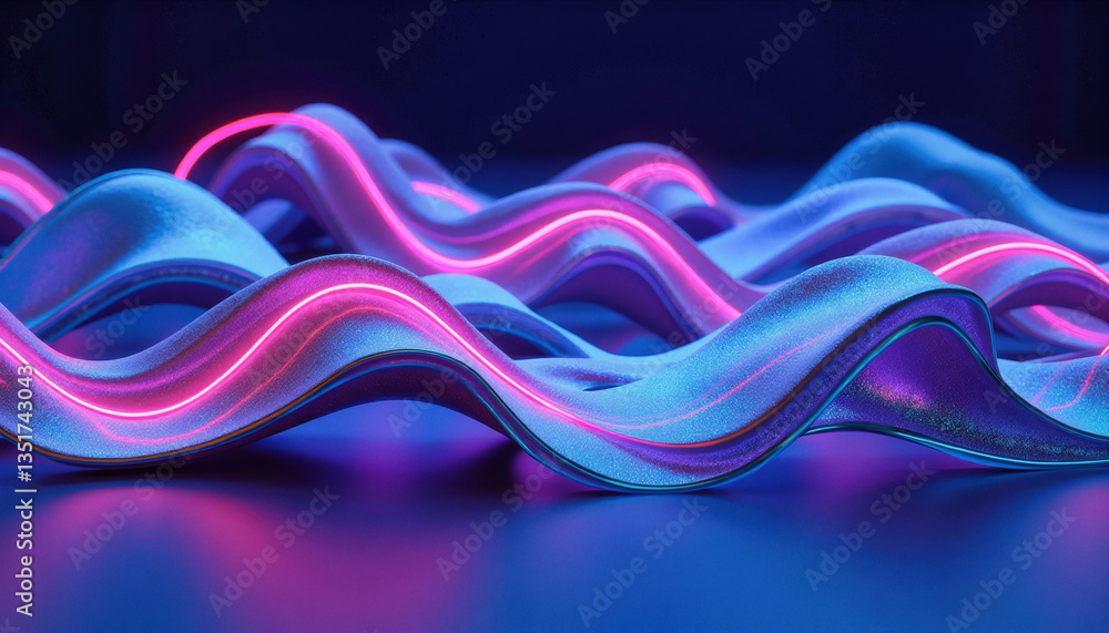 Poster glowing neon ribbons intertwine in a dynamic, wavy pattern against a dark blue backdrop, creating a 