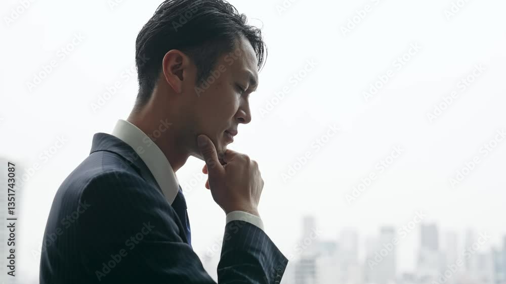 Leinwandbilder 考える、ビジネスマン、不安、心配、ストレス、転職、不景気、悩む、悩み、経営者、社長、男性、ビジネスパーソン、ビジネス、オフィス、人材、日本人、逆光、シリアス、都市、展望、ミドルエイジ、中高年、中年、迷う、困る、疑問、不満、トラブル、問題、課題、憂うつ、メンタルヘルス、イライラ、決断、判断、リーダーシップ、人手不足、経営、マネジメント、管理職、企業、会社員、サラリーマン、重圧、プレッシャー、60p、