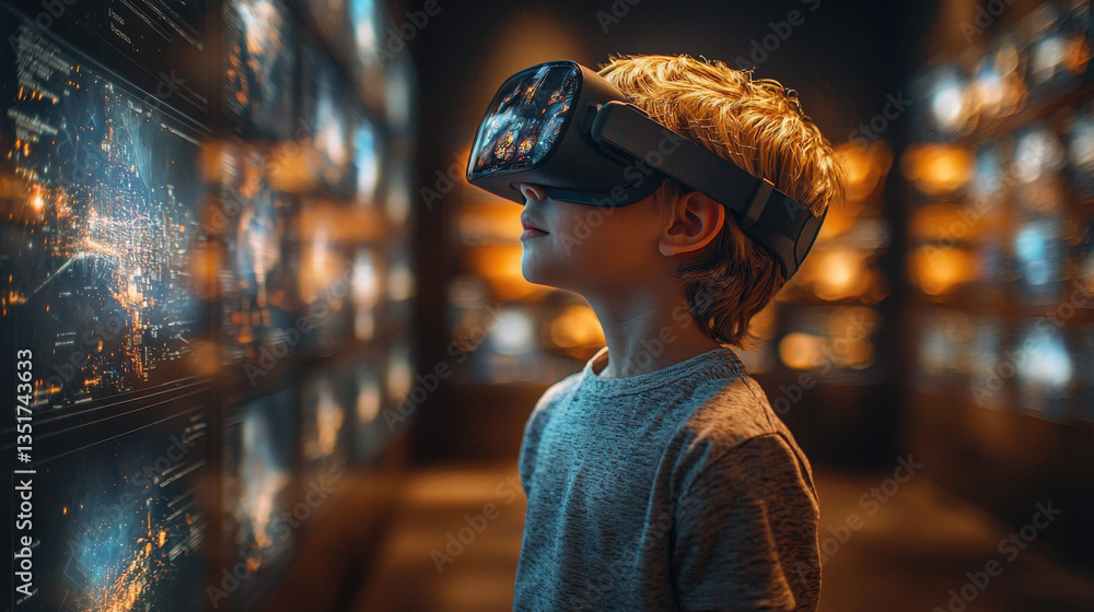 Poster child engages in virtual learning with immersive technology in a futuristic classroom