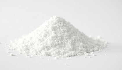 Pile of white granulated sugar on white background, sweet, still life