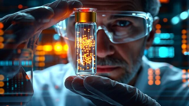 Scientist examines glowing sample in lab