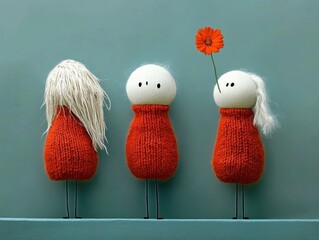 Cute handmade dolls in vibrant sweaters.