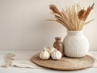 Decorative arrangement of plants and garlic.