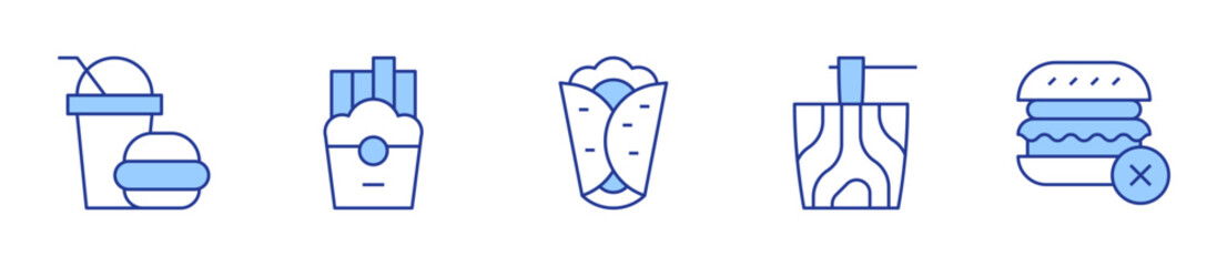 french fries, shawarma, noodles, no junk food, fast food. Fast food Icon vector illustration. Line Duotone style. Editable stroke