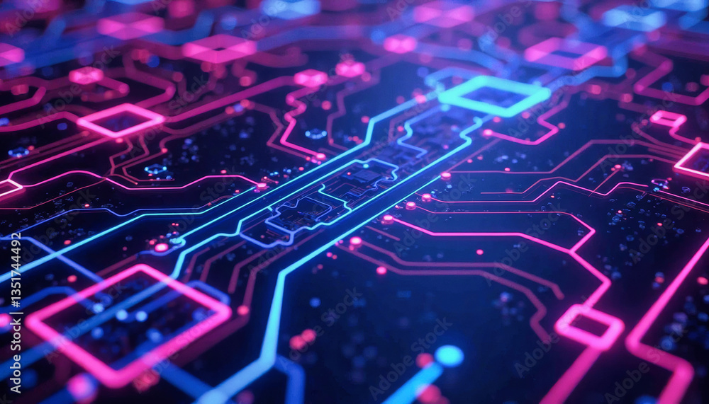 Poster glowing pink and blue circuits illuminate a complex, futuristic microchip landscape. graphical resou