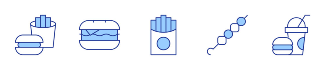 fries, satay, fast food, hamburger. Fast food Icon vector illustration. Line Duotone style. Editable stroke